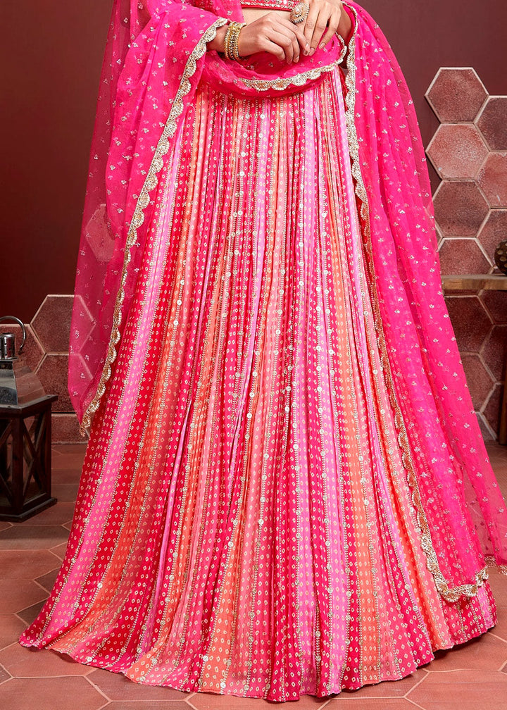Peony Pink Bandhani Printed Chinon Silk Lehenga Choli with Embroidery & Mirror work | Ready To Wear - qivii