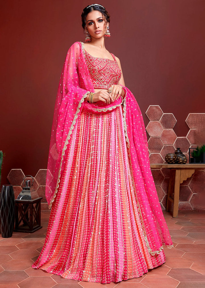 Peony Pink Bandhani Printed Chinon Silk Lehenga Choli with Embroidery & Mirror work | Ready To Wear - qivii