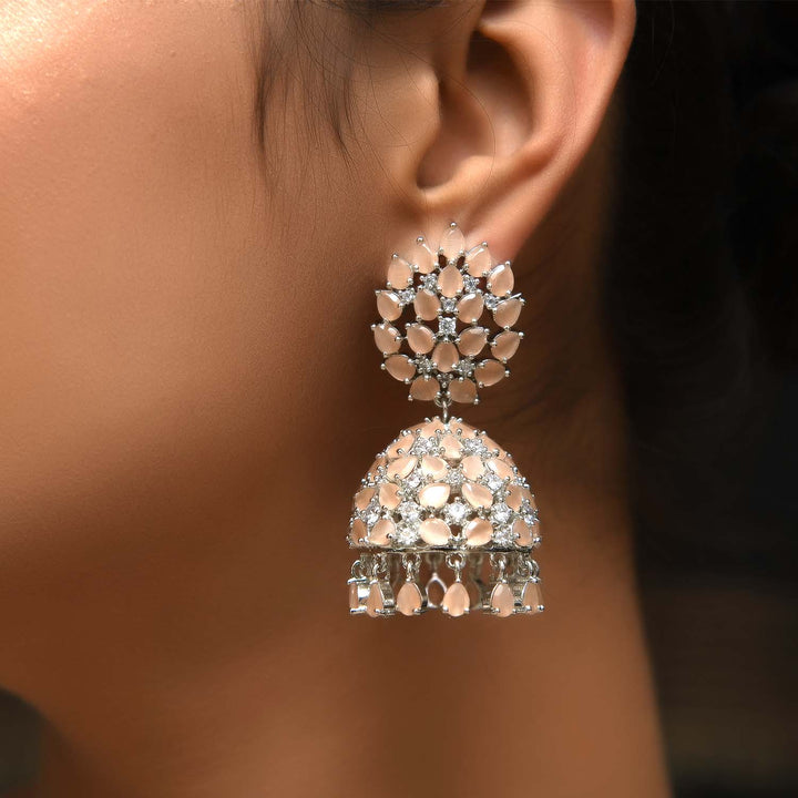 Beautiful Jiya Peach Silver Plated American Diamond Jhumki Earrings