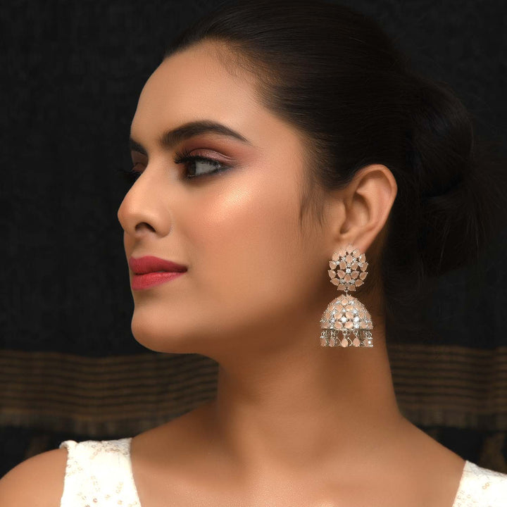 Jiya Peach Silver Plated American Diamond Jhumki, elegant traditional earrings