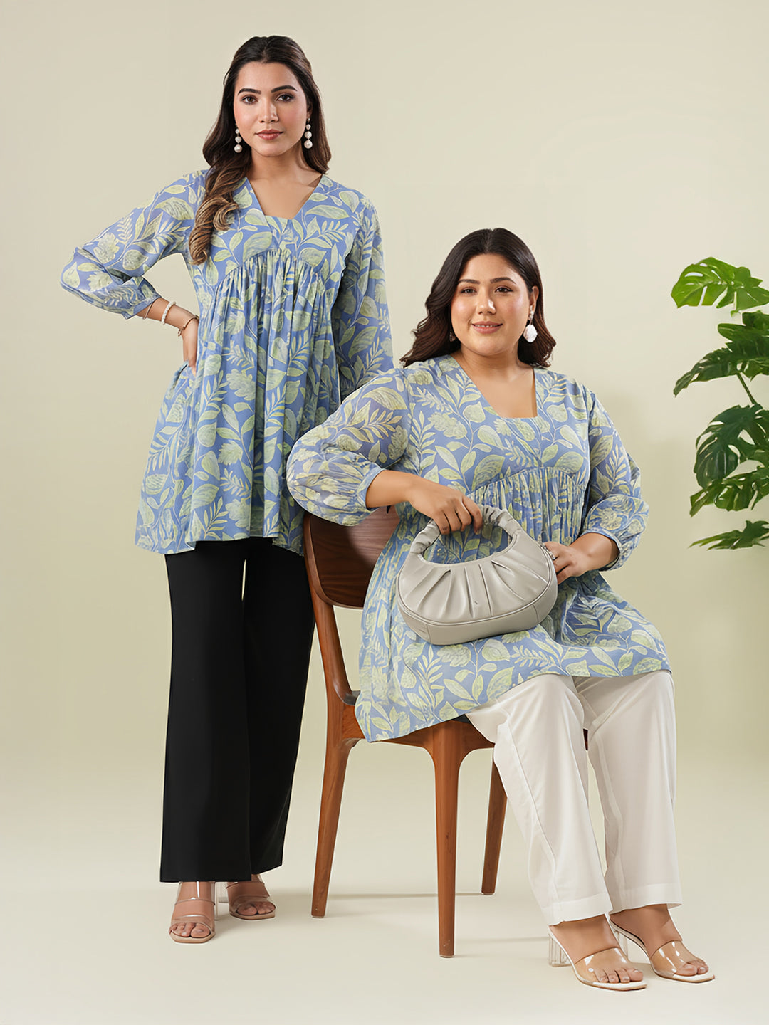 Light Blue Georgette Tropical Printed A-Line Tunic - qivii
