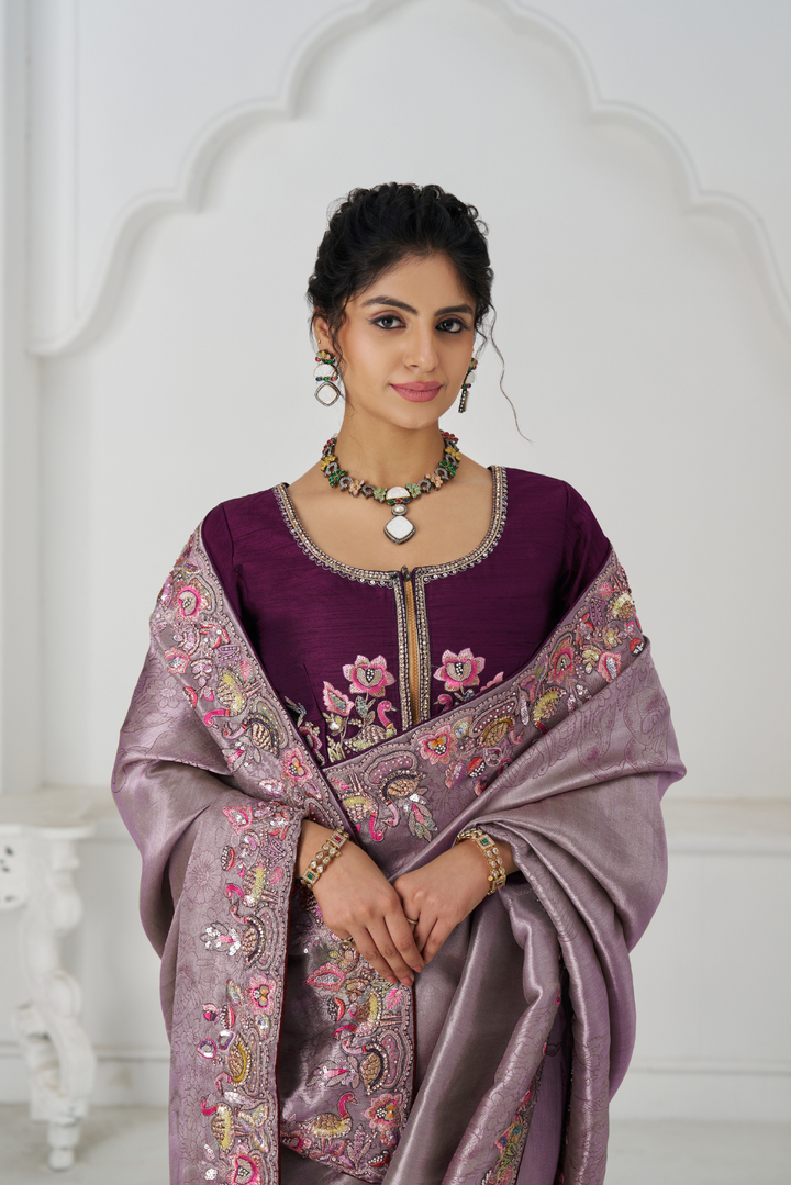 Stunning Mauve Color Saree With Multi-thread And Sequins Embroidery - qivii