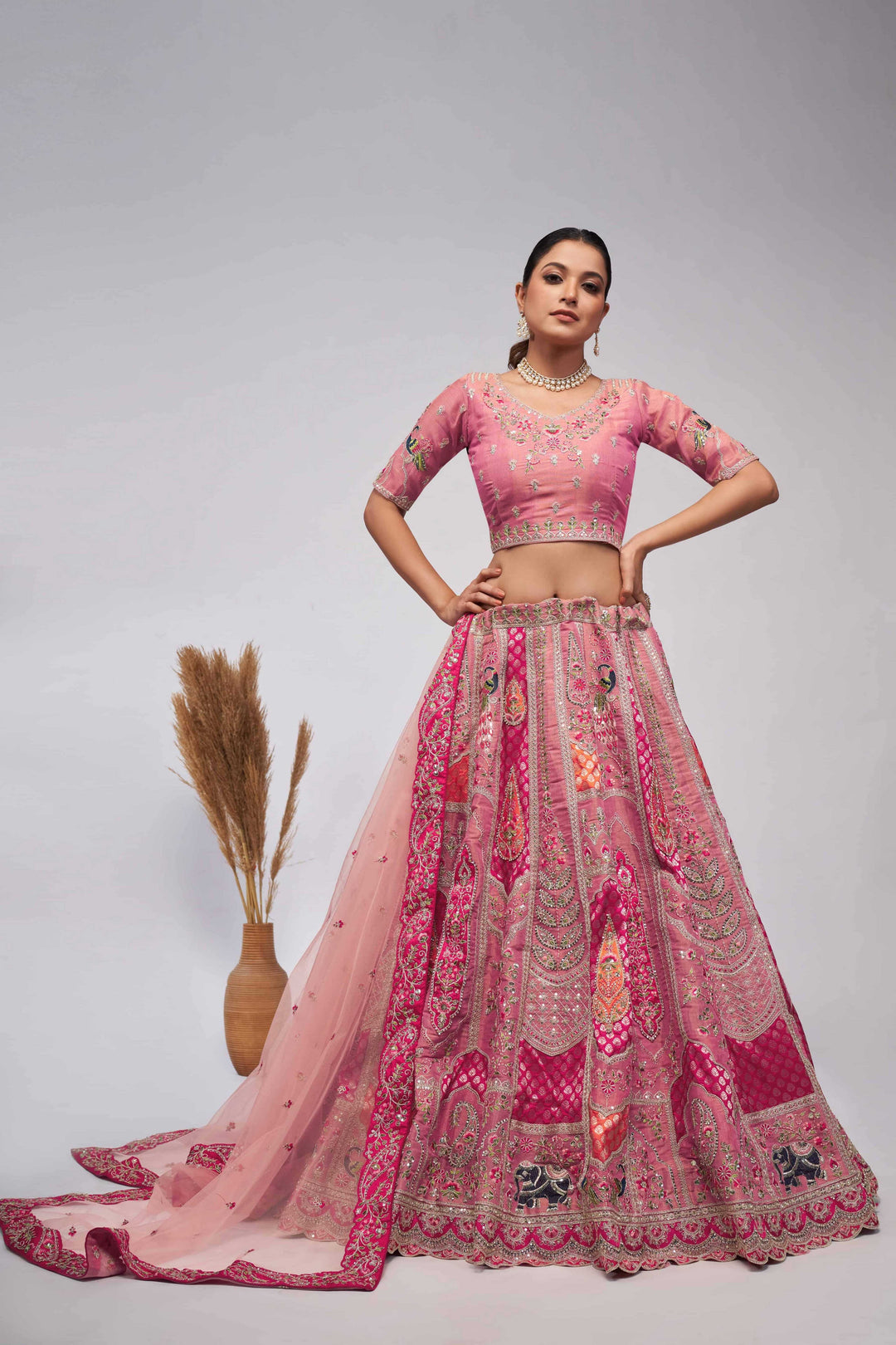 Pretty Pink paisley Motifs traditional embroidered wedding Lehenga - qivii