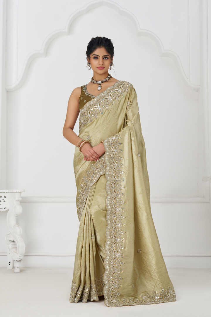 Champagne Color Pure Dola Silk Saree With Sequins And Beads Embroidery For Wedding - qivii