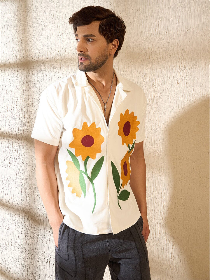 White Corduroy Sunflower Cuban Shirt