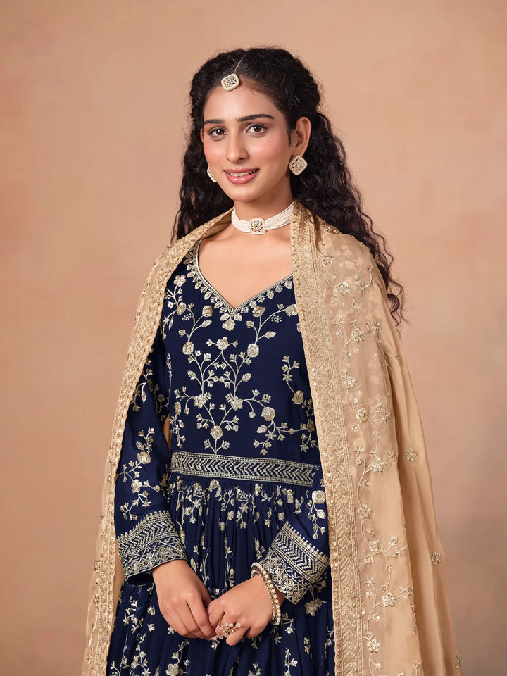 Navy Blue Georgette Embroidery Gown With Organza Dupatta - qivii