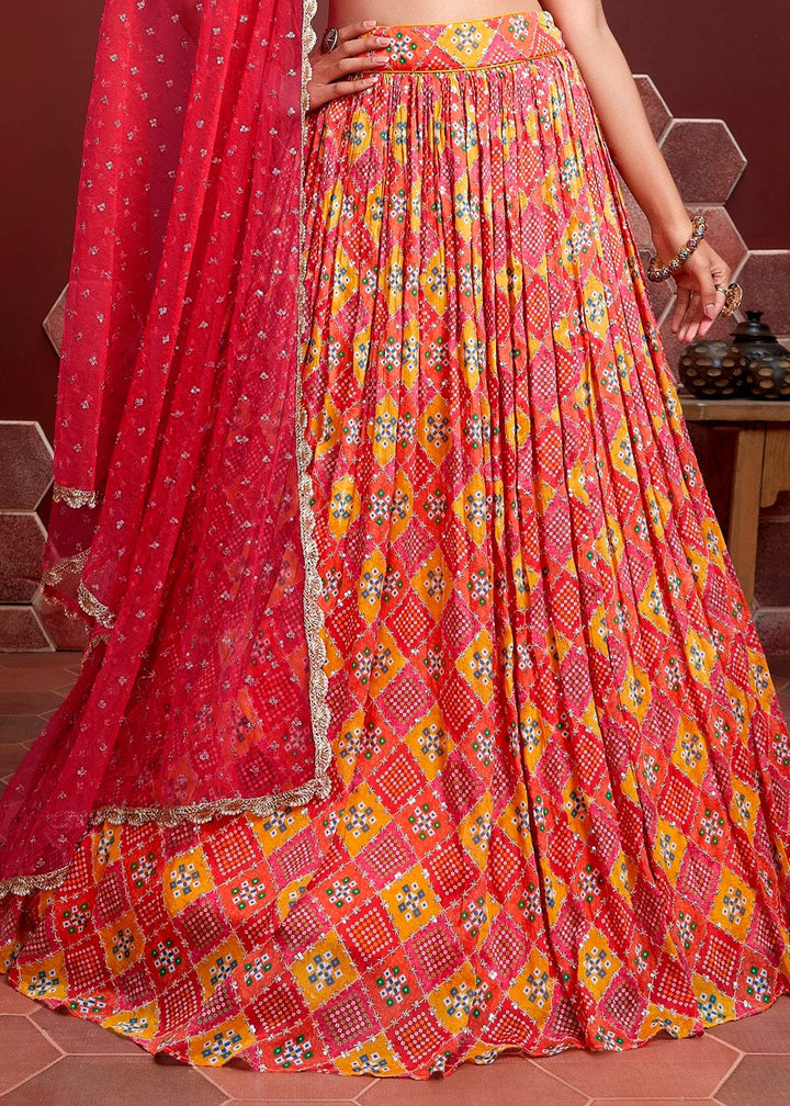 Red & Orange Bandhani Printed Chinon Silk Lehenga Choli with Embroidery & Mirror work | Ready To Wear - qivii