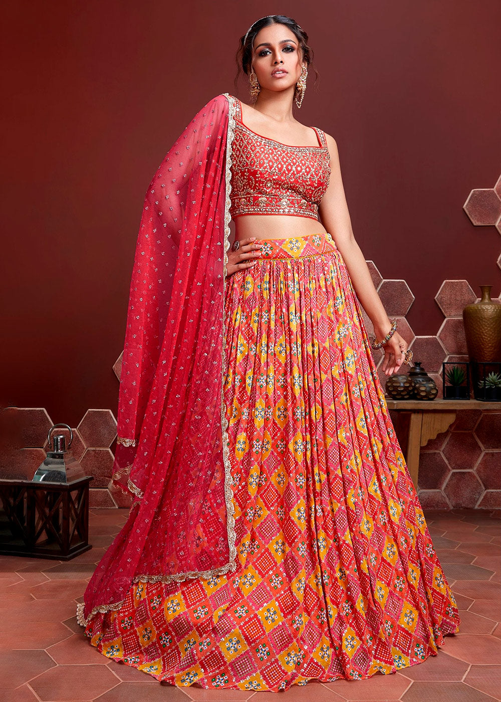 Red & Orange Bandhani Printed Chinon Silk Lehenga Choli with Embroidery & Mirror work | Ready To Wear - qivii