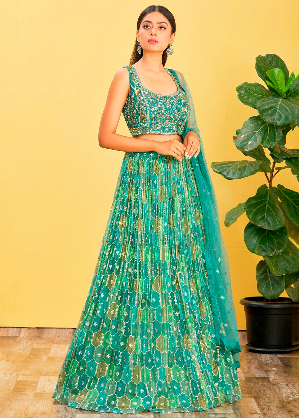 Shades Of Green Digital Printed Organza Lehenga with Thread,Zari & Sequins Work | Ready To Wear - qivii