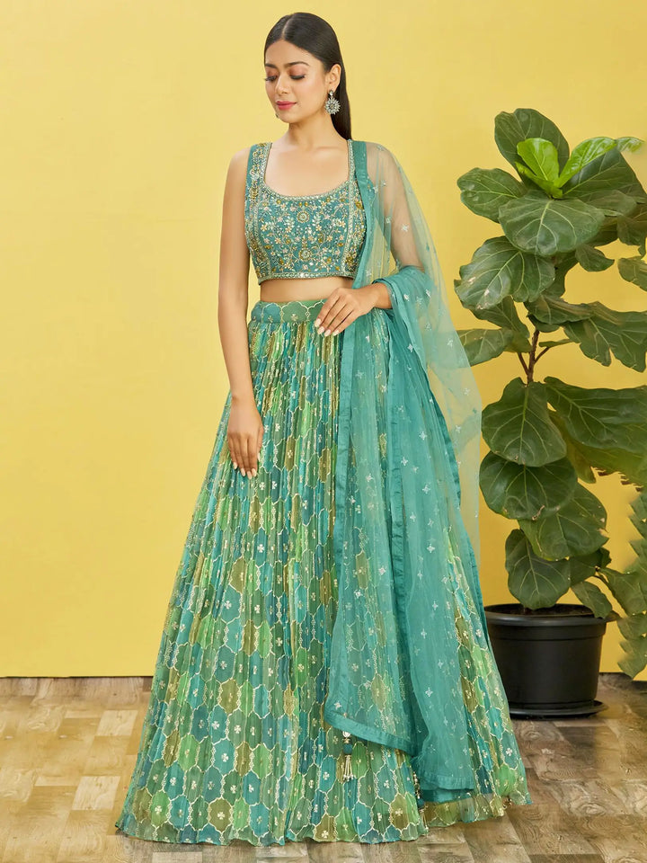 Pistachio Green  Embroidered Choli With Digital  Print Lehenga And Net Dupatta | Ready To Wear - qivii