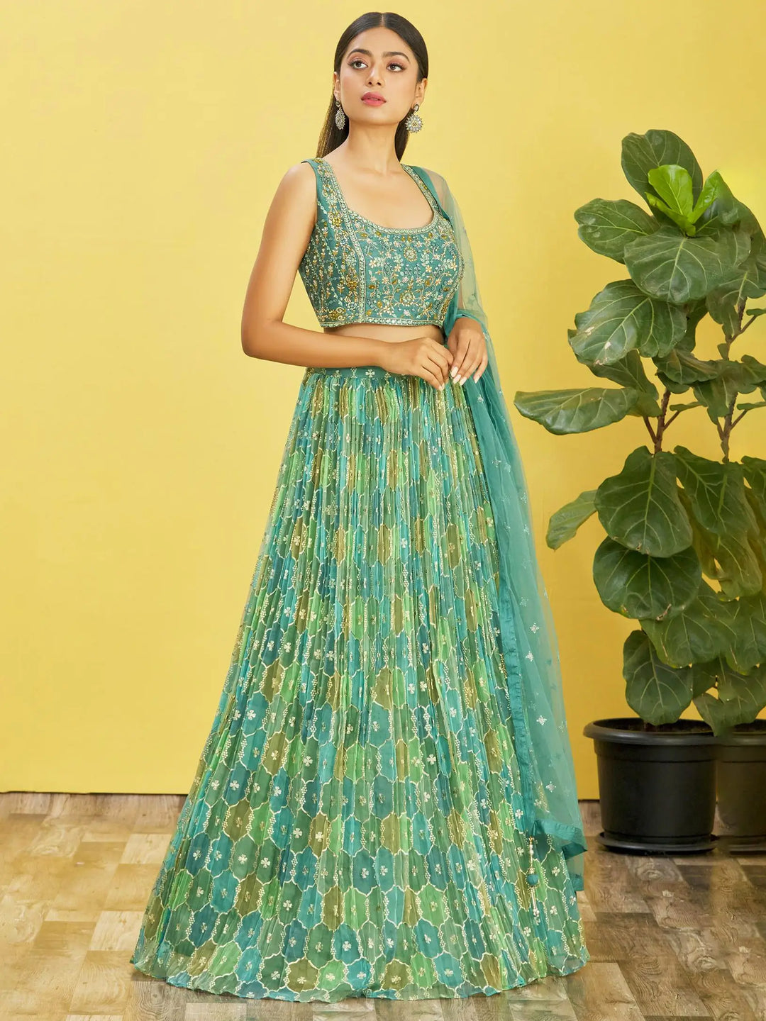 Pistachio Green  Embroidered Choli With Digital  Print Lehenga And Net Dupatta | Ready To Wear - qivii