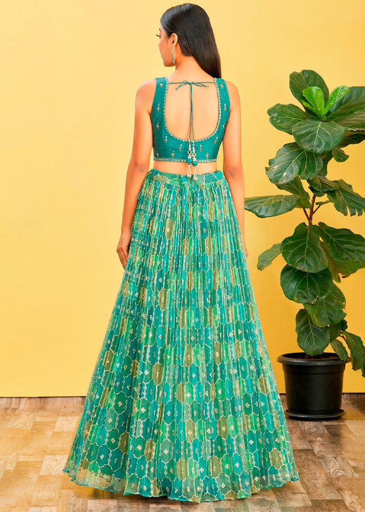 Shades Of Green Digital Printed Organza Lehenga with Thread,Zari & Sequins Work | Ready To Wear - qivii