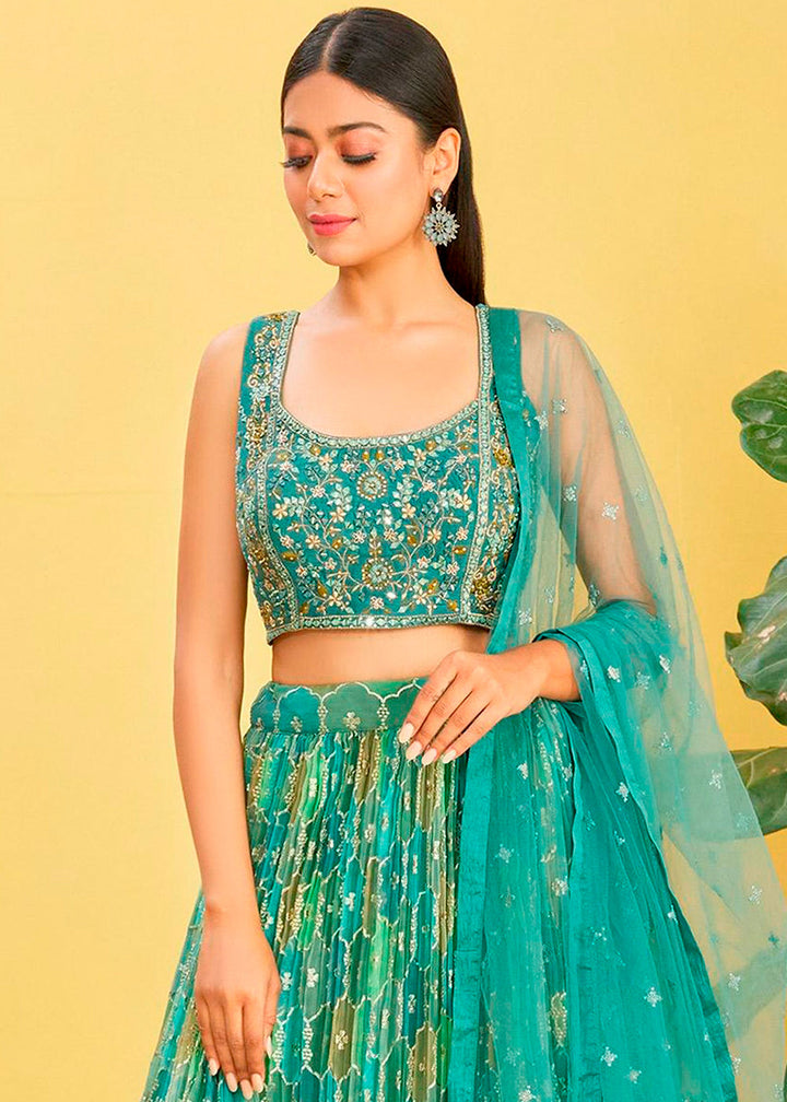 Shades Of Green Digital Printed Organza Lehenga with Thread,Zari & Sequins Work | Ready To Wear - qivii