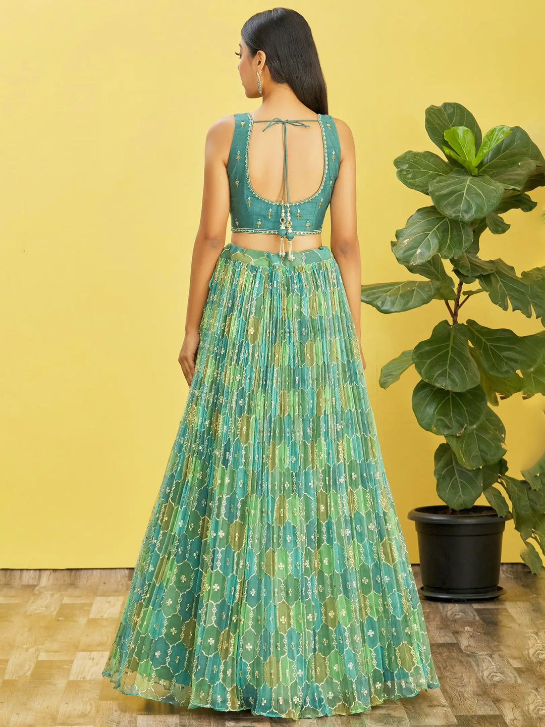 Pistachio Green  Embroidered Choli With Digital  Print Lehenga And Net Dupatta | Ready To Wear - qivii