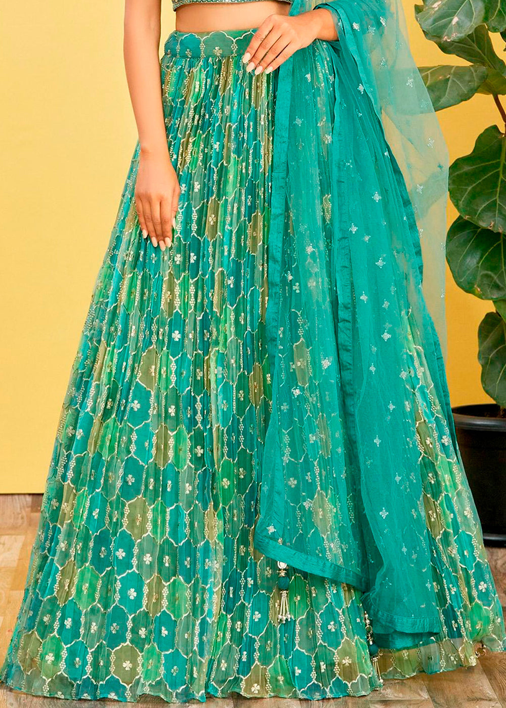 Shades Of Green Digital Printed Organza Lehenga with Thread,Zari & Sequins Work | Ready To Wear - qivii