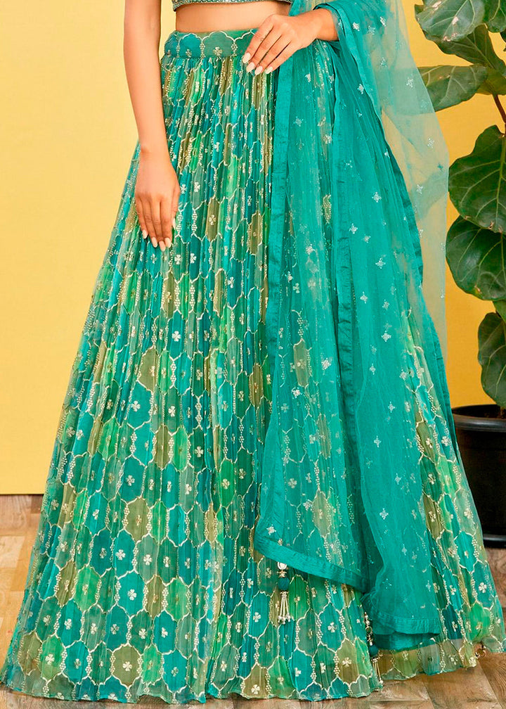 Shades Of Green Digital Printed Organza Lehenga with Thread,Zari & Sequins Work | Ready To Wear - qivii