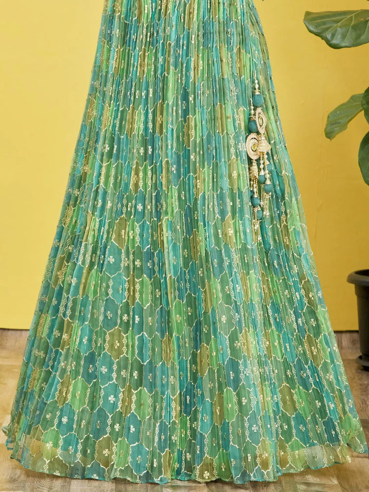 Pistachio Green  Embroidered Choli With Digital  Print Lehenga And Net Dupatta | Ready To Wear - qivii