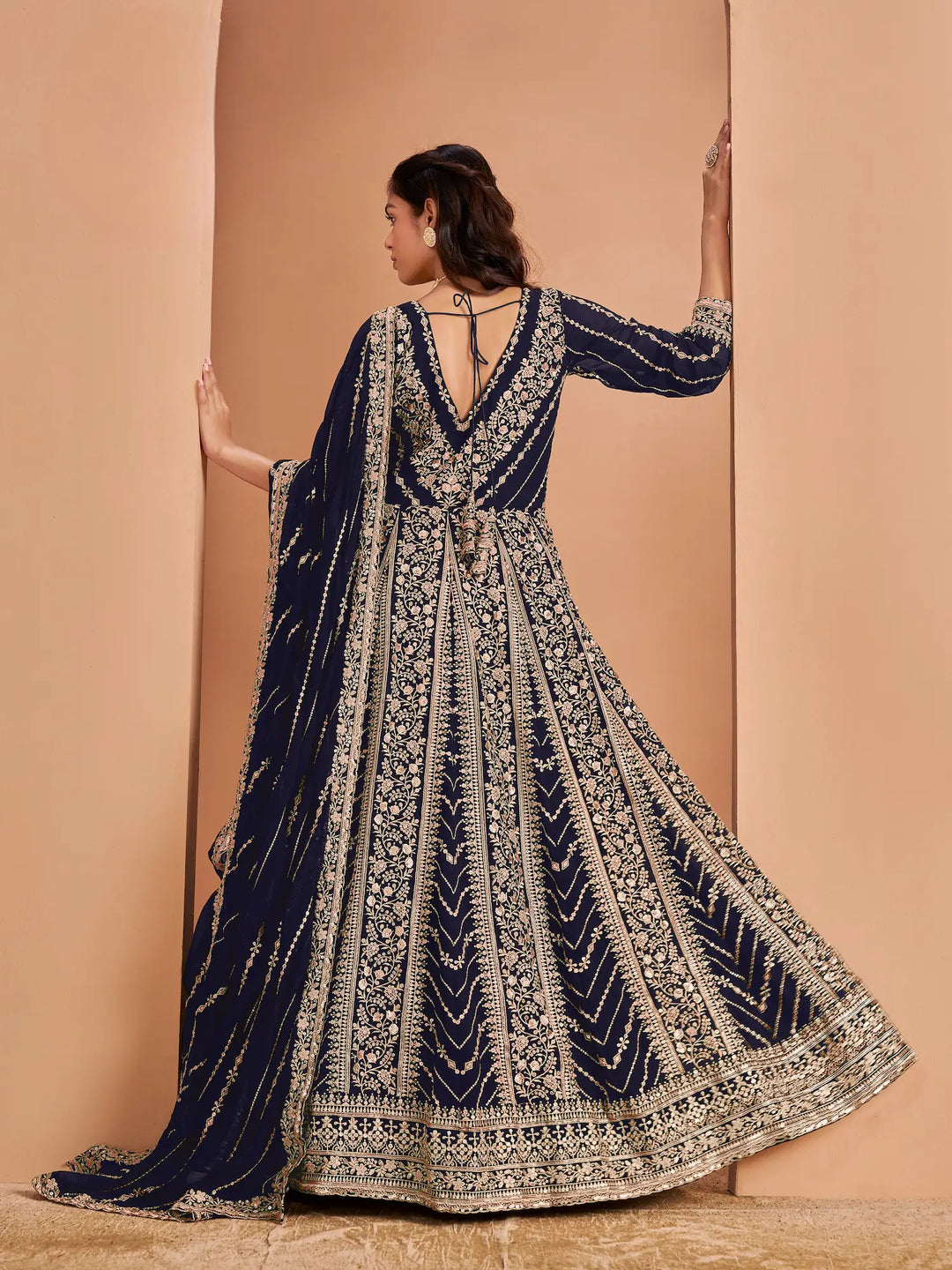 Navy Blue Georgette Gown With Sequence & Thread Embroidery Work - qivii