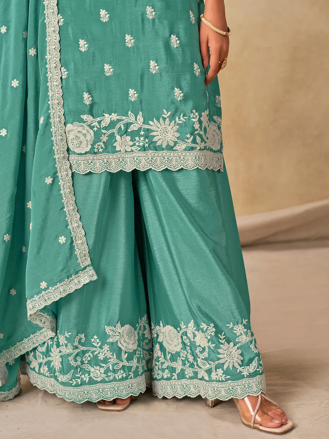 Sky Blue Chinon Embroidery Work Palazzo Suit - qivii