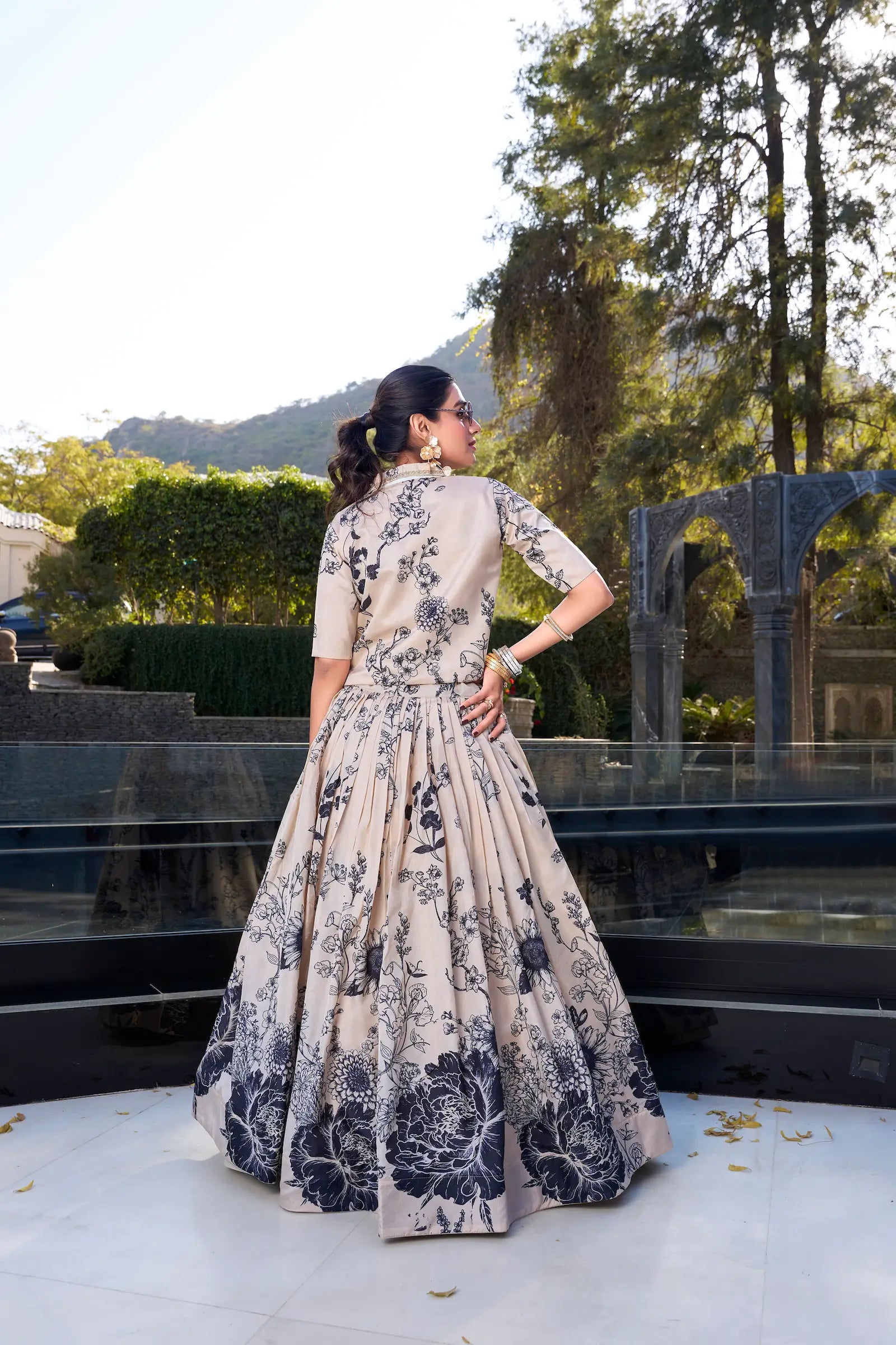 Beige Tussar Silk Floral Printed Indo Western Set