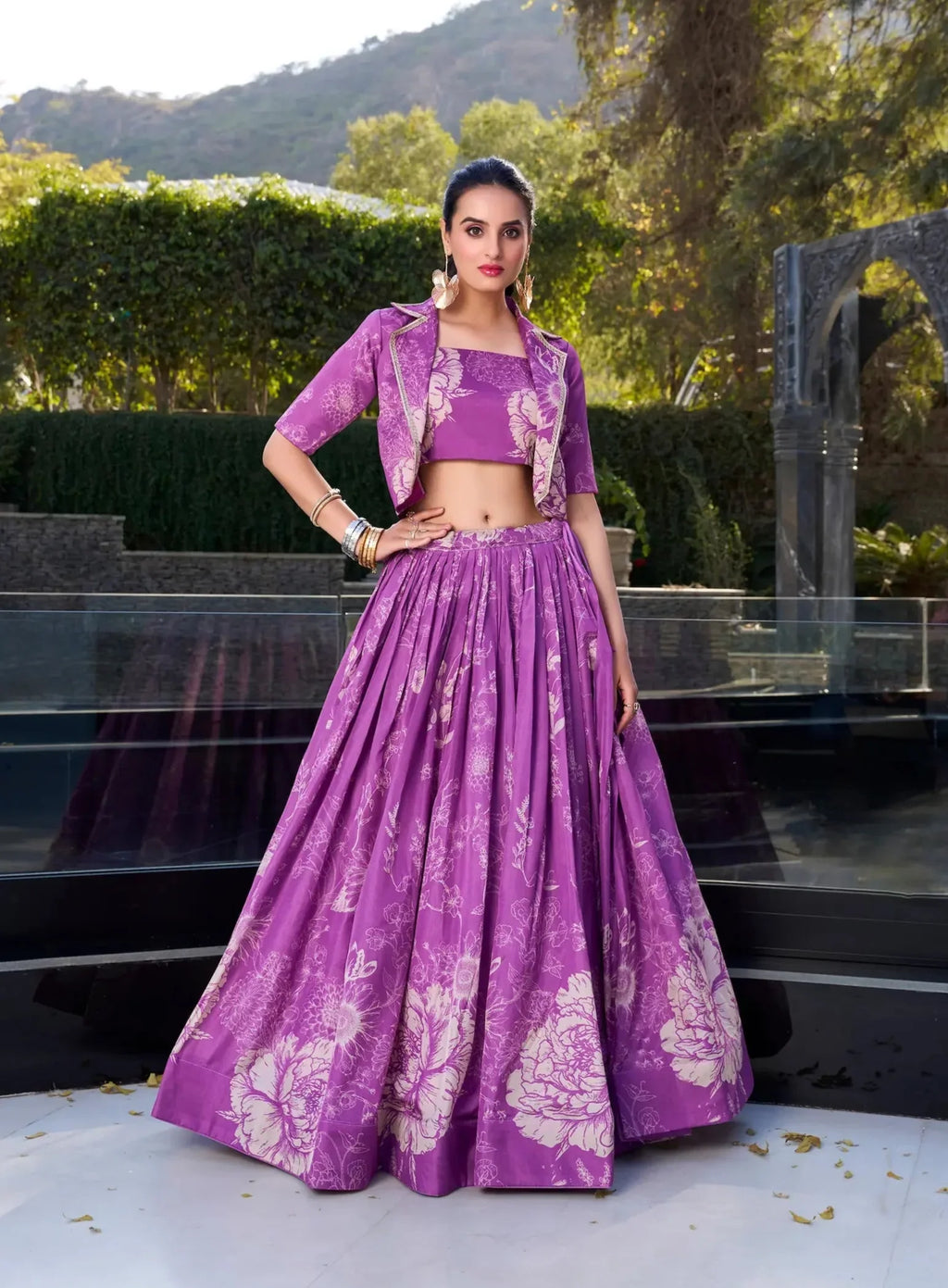 Purple Tussar Silk Floral Printed Indo Western Set