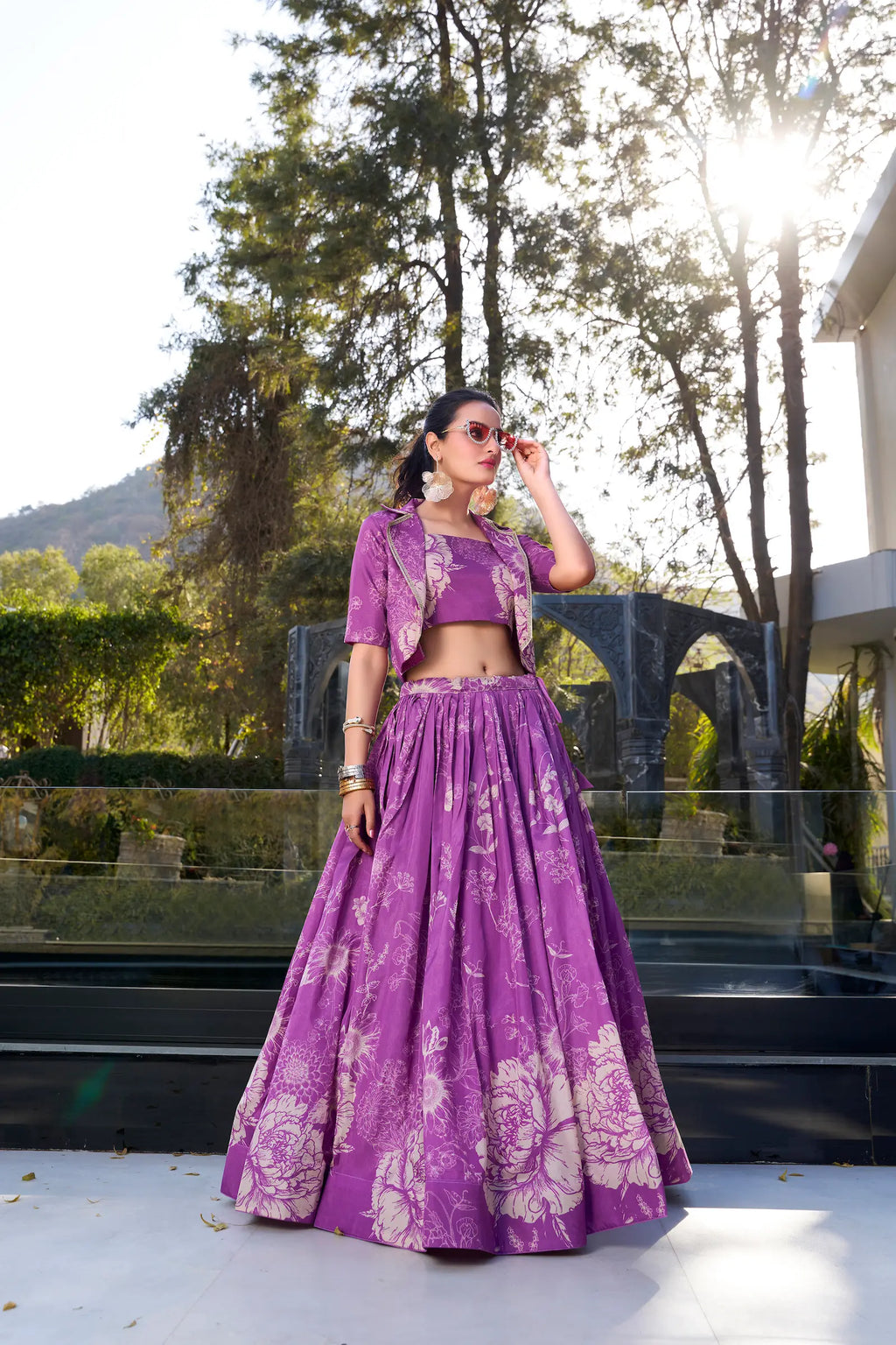 Purple Tussar Silk Floral Printed Indo Western Set