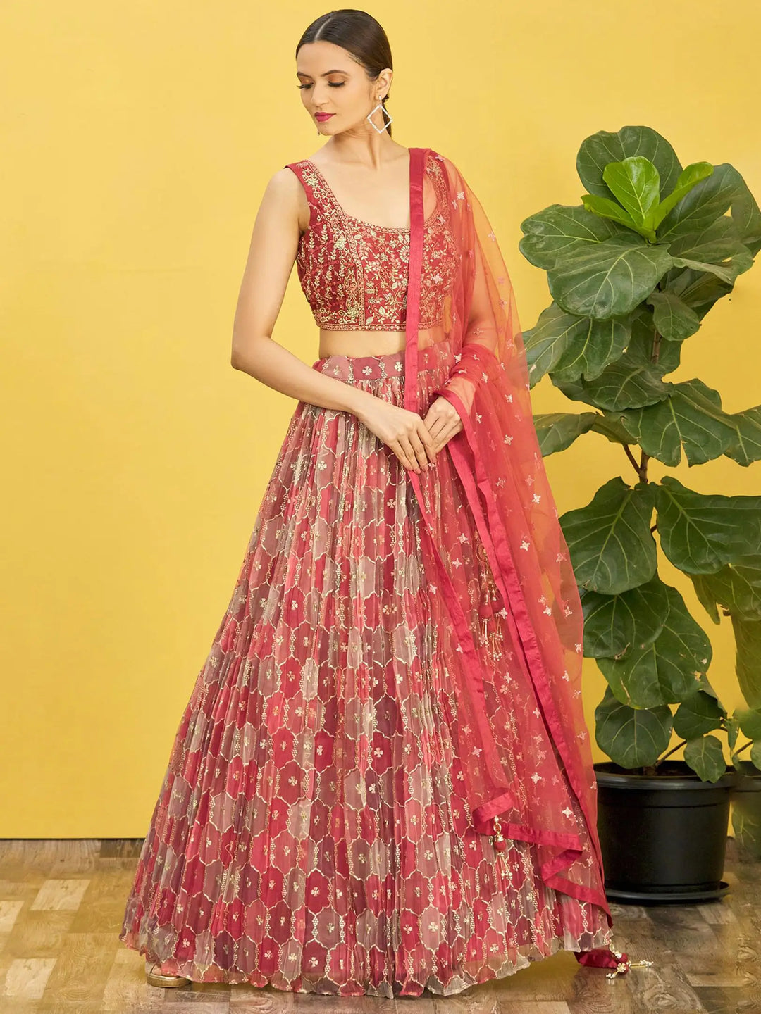 Red Brown Embroidered Choli With Digital  Print Lehenga And Net Dupatta | Ready To Wear - qivii