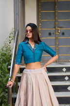 Off White Tussar Silk Indo Western Set With Floral Print, Mirror & Hand Work