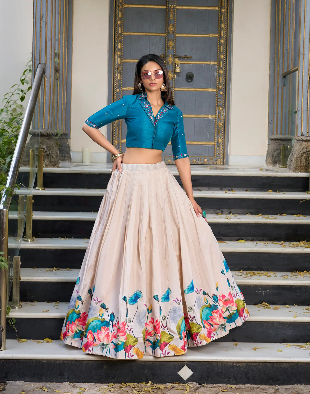 Off White Tussar Silk Indo Western Set With Floral Print, Mirror & Hand Work