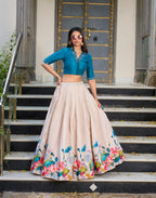 Off White Tussar Silk Indo Western Set With Floral Print, Mirror & Hand Work