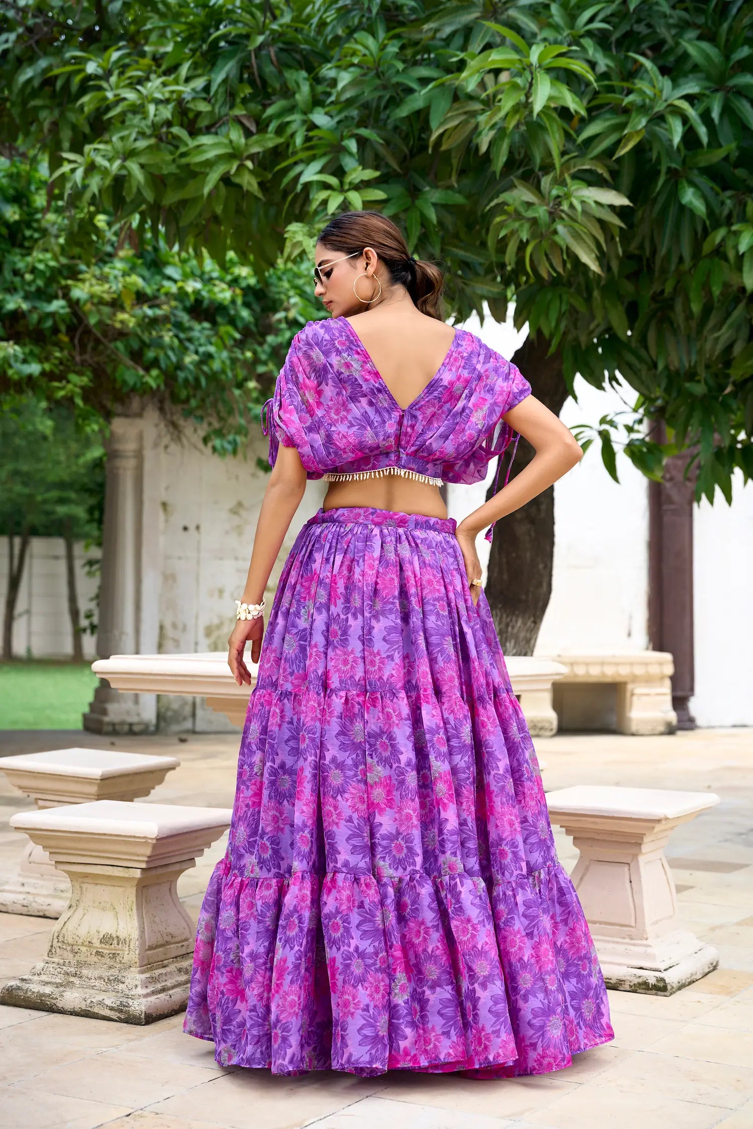 Purple Chiffon Floral Printed Indo Western Set