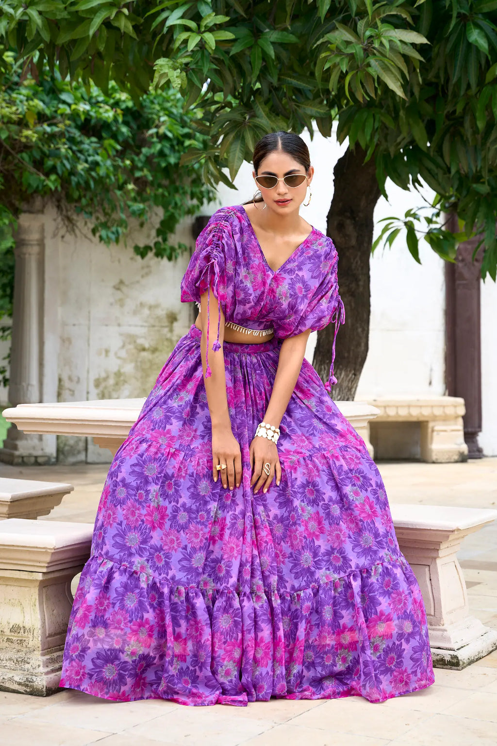 Purple Chiffon Floral Printed Indo Western Set