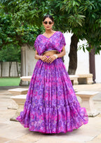 Purple Chiffon Floral Printed Indo Western Set