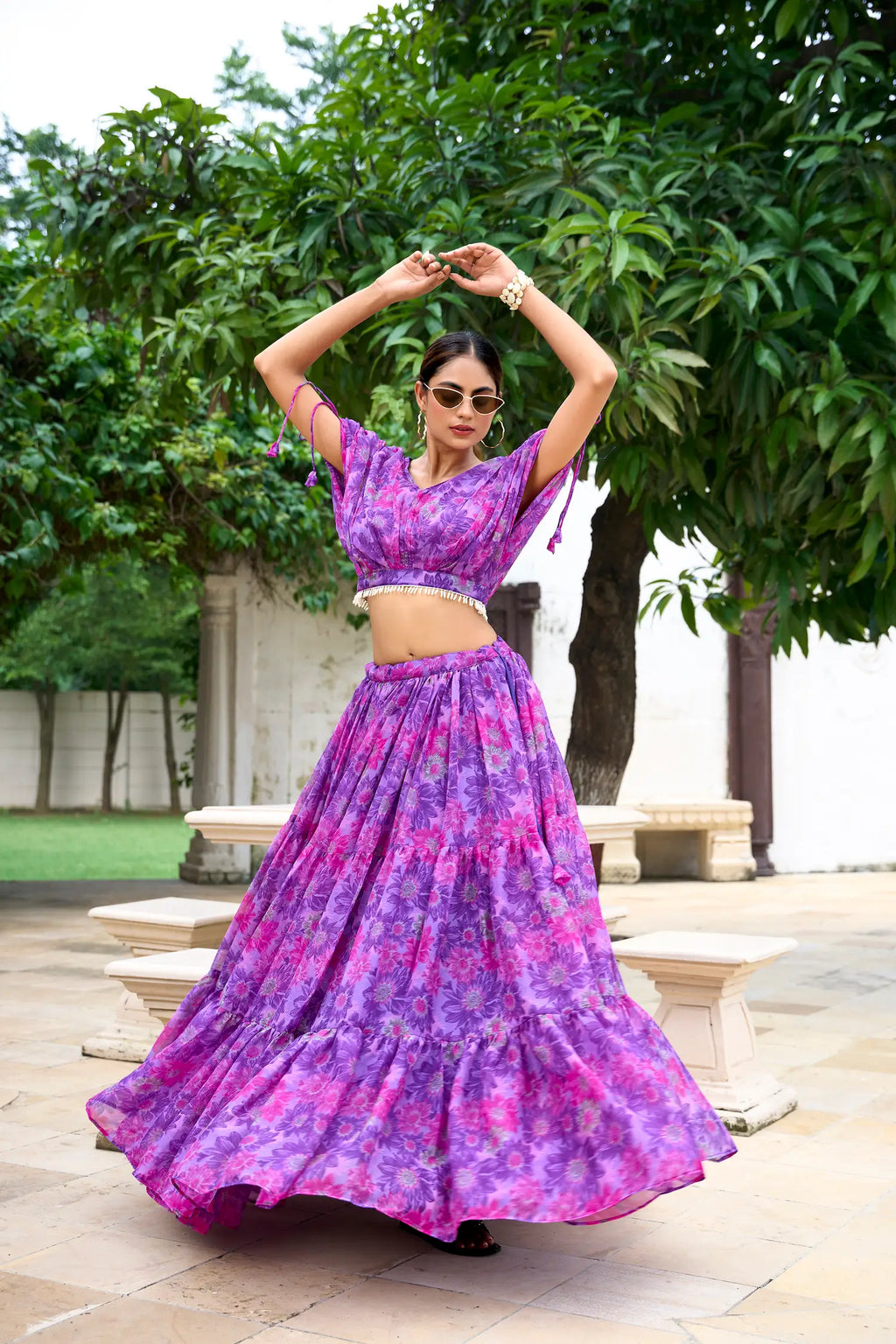 Purple Chiffon Floral Printed Indo Western Set