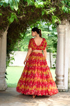 Red Chiffon Floral Printed Indo Western Set