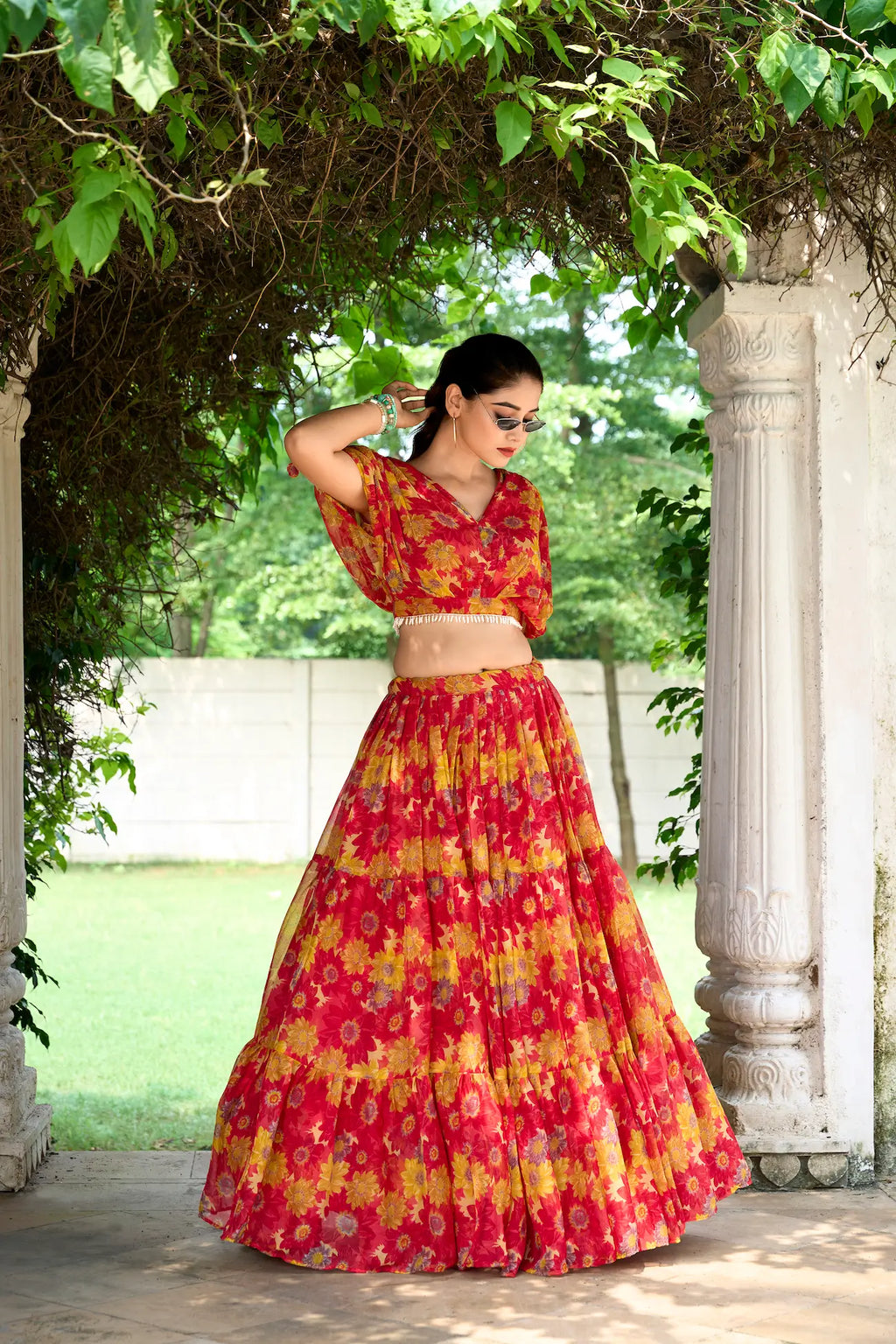 Red Chiffon Floral Printed Indo Western Set