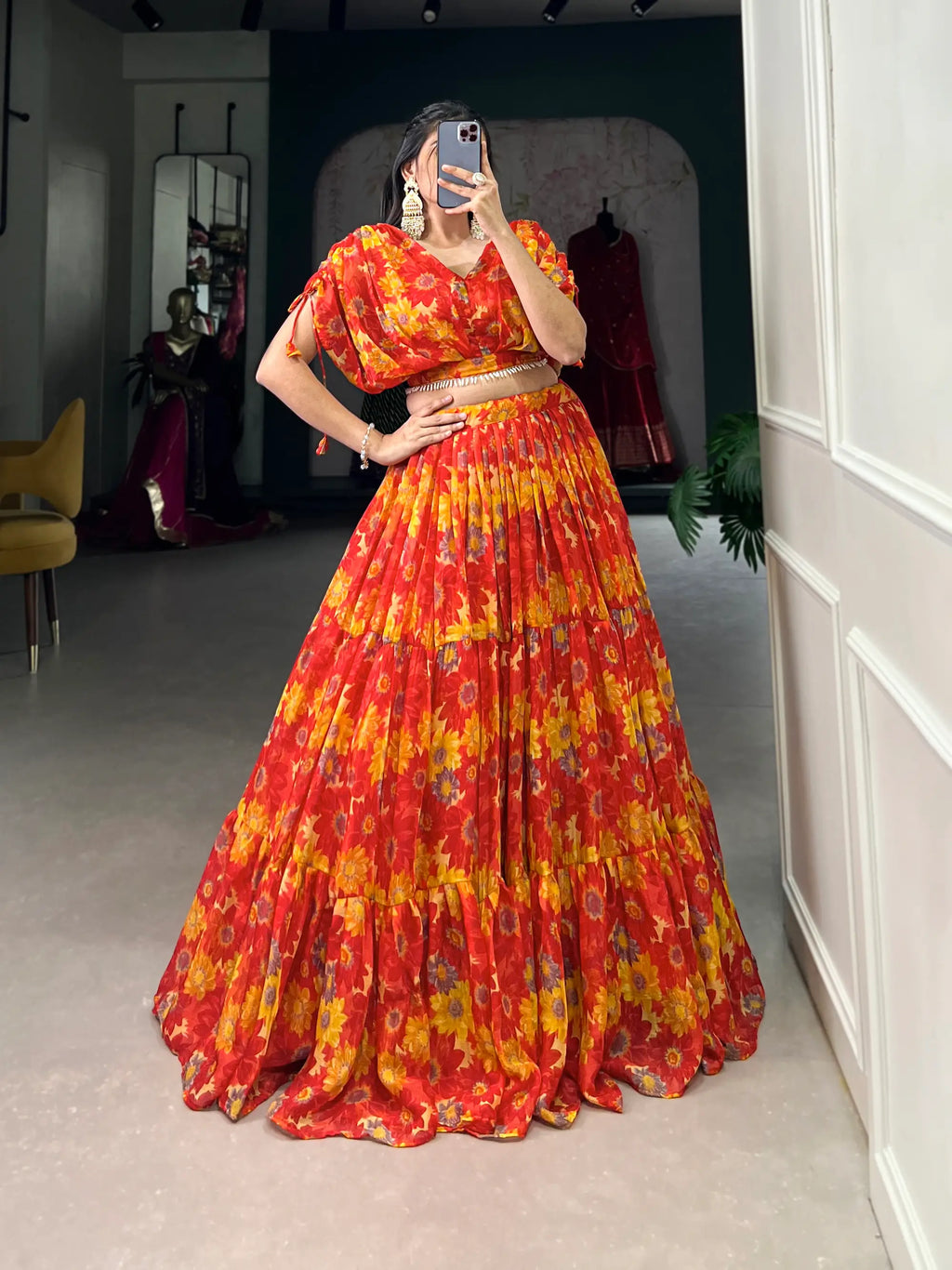 Red Chiffon Floral Printed Indo Western Set