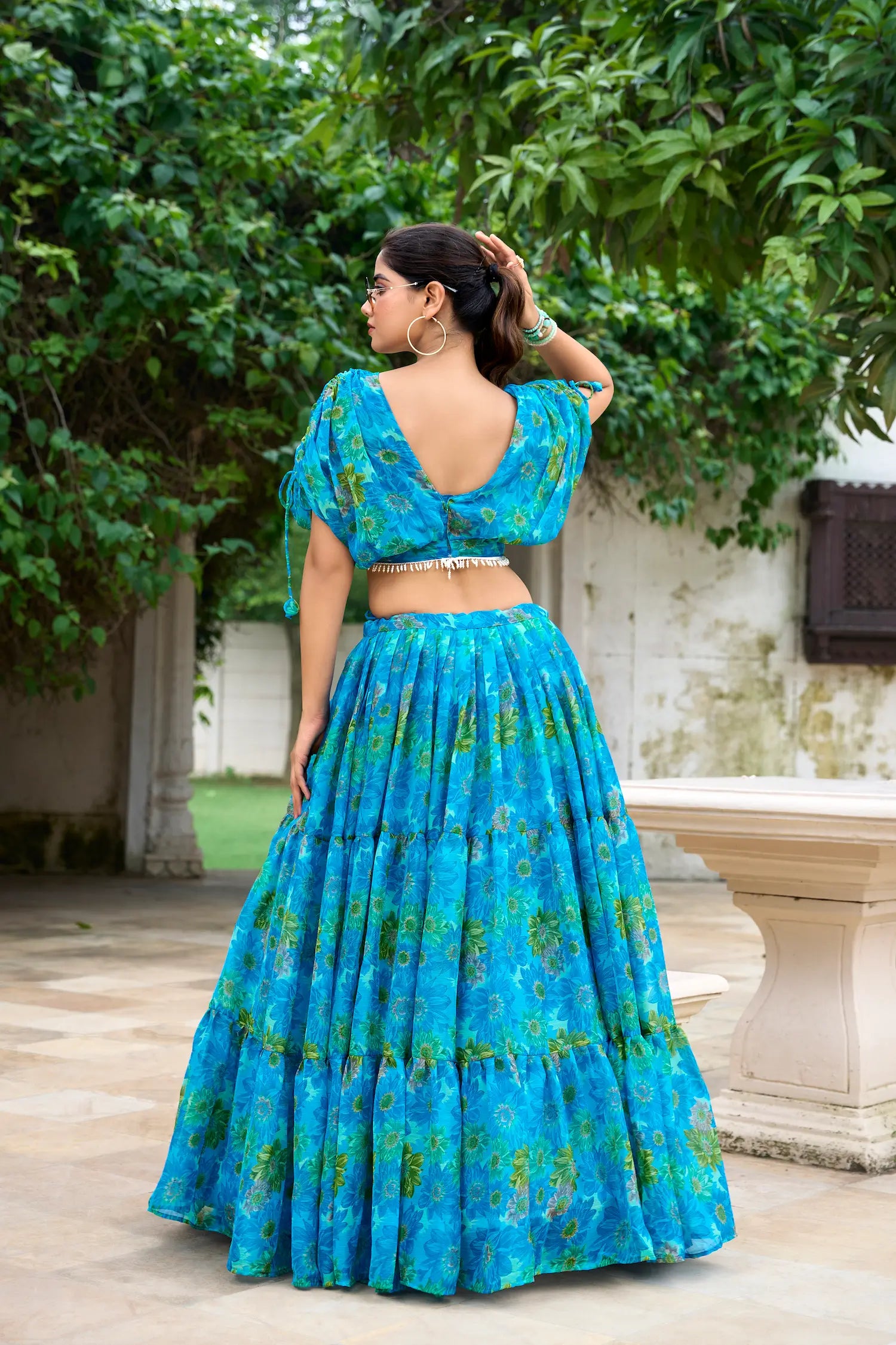 Sea Blue Chiffon Floral Printed Indo Western Set