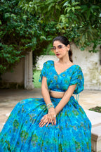 Sea Blue Chiffon Floral Printed Indo Western Set