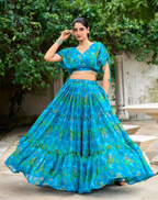 Sea Blue Chiffon Floral Printed Indo Western Set