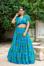 Sea Blue Chiffon Floral Printed Indo Western Set