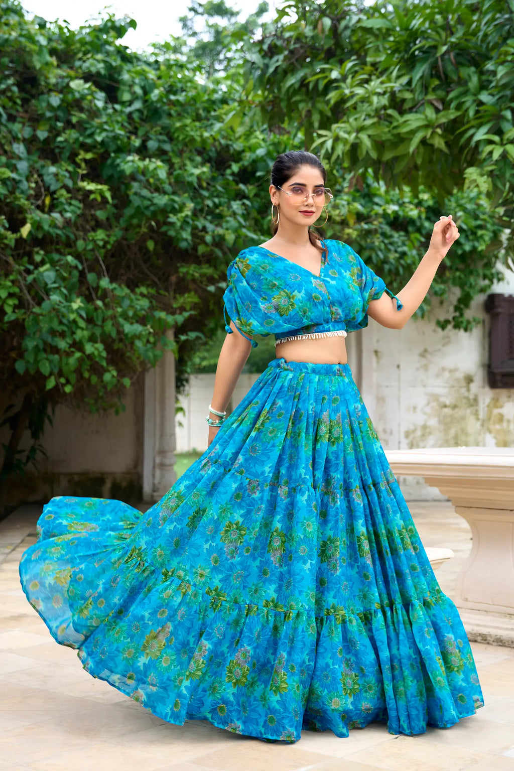 Sea Blue Chiffon Floral Printed Indo Western Set