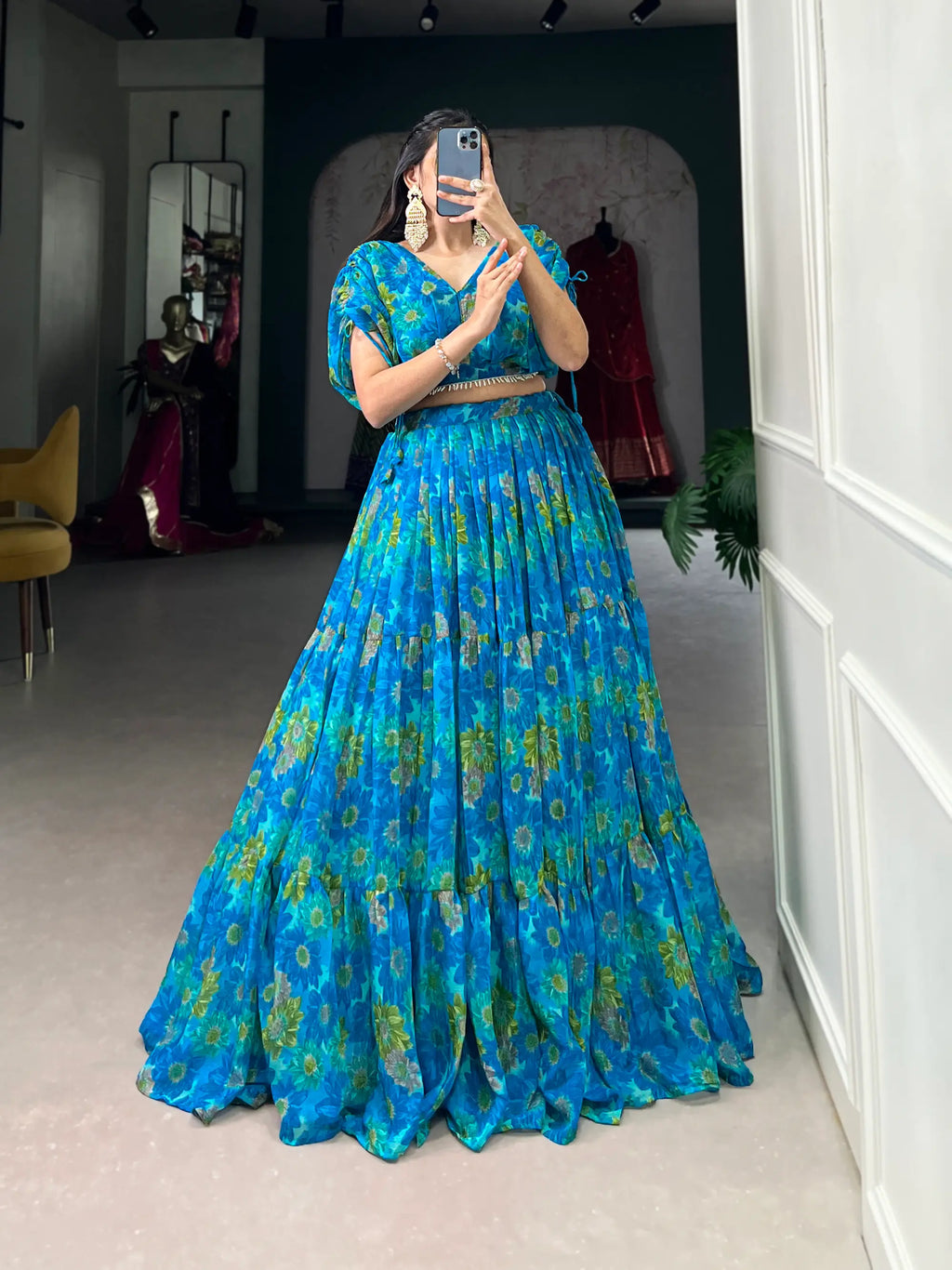 Sea Blue Chiffon Floral Printed Indo Western Set