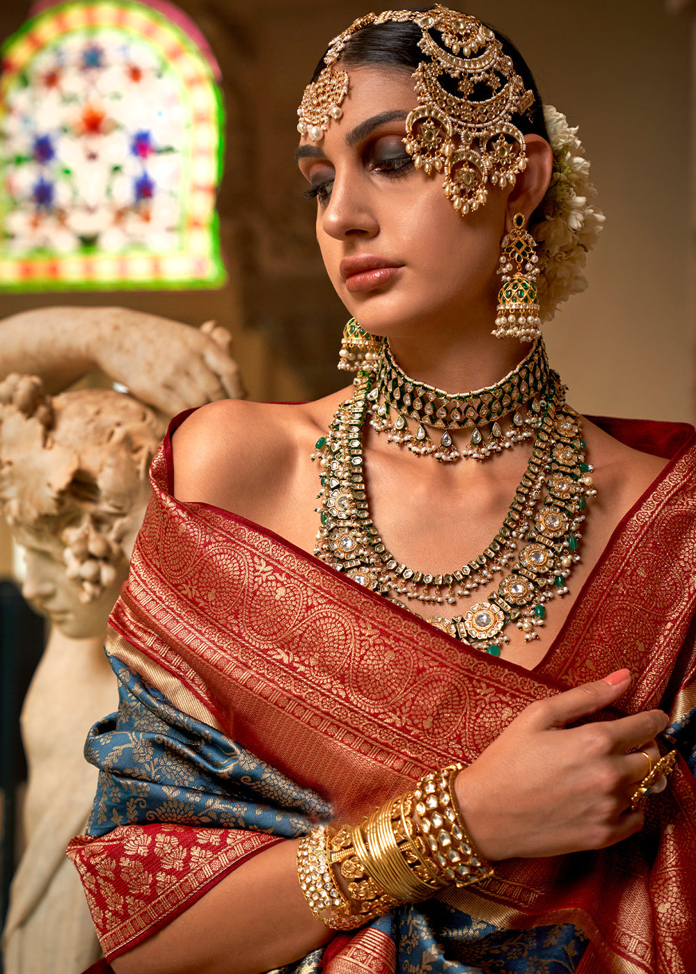 Celadon Blue Zari Woven Banarasi Silk Saree - qivii