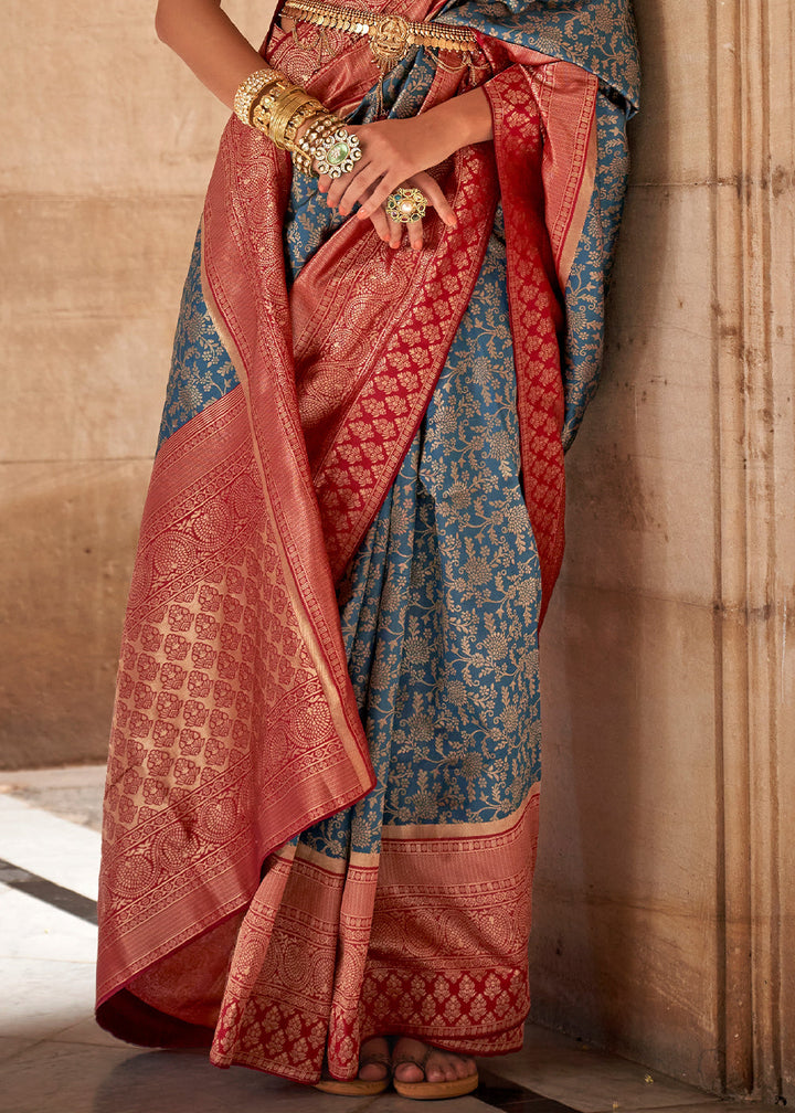 Celadon Blue Zari Woven Banarasi Silk Saree - qivii