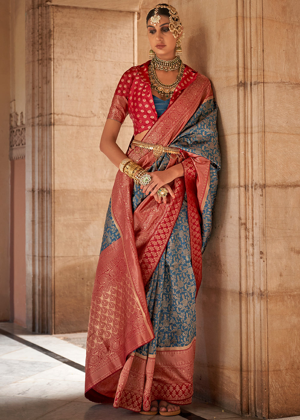 Celadon Blue Zari Woven Banarasi Silk Saree - qivii