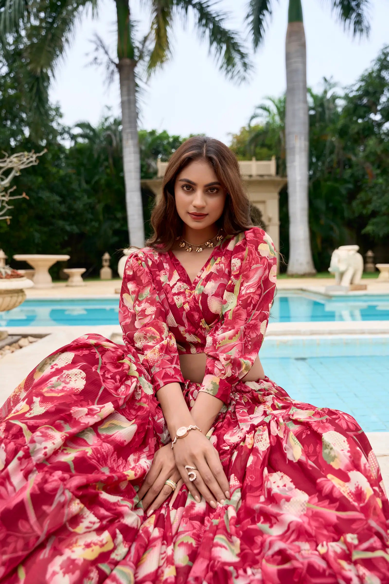 Maroon Georgette Floral Printed Indo Western Set