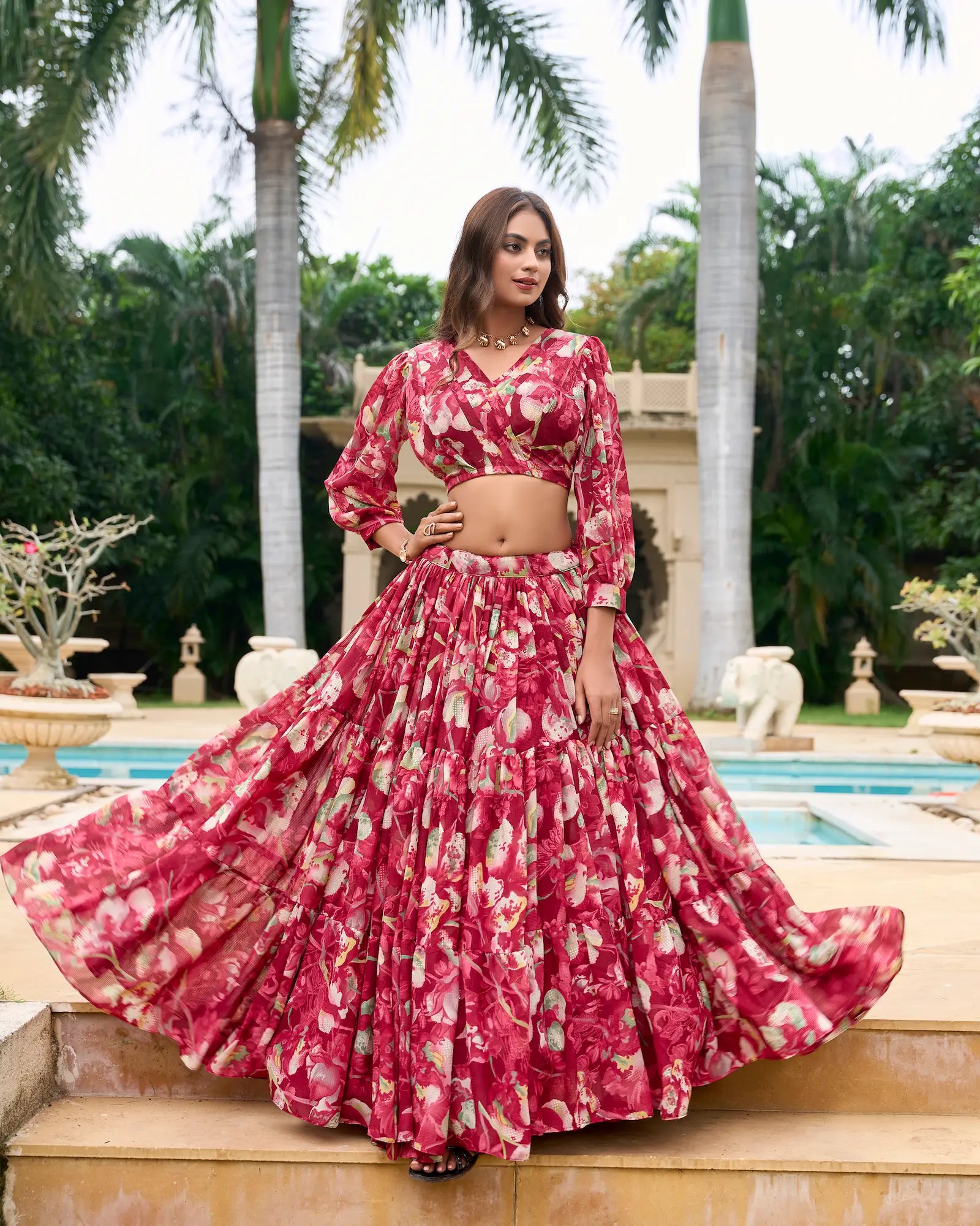 Maroon Georgette Floral Printed Indo Western Set