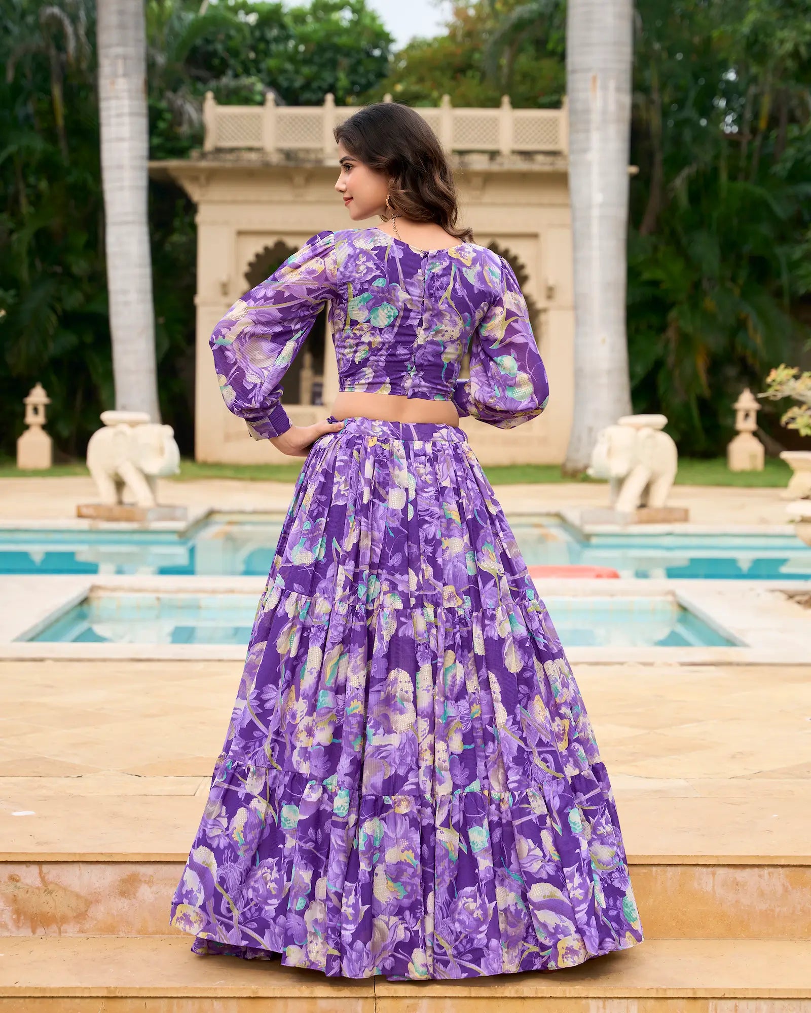 Purple Georgette Floral Printed Indo Western Set