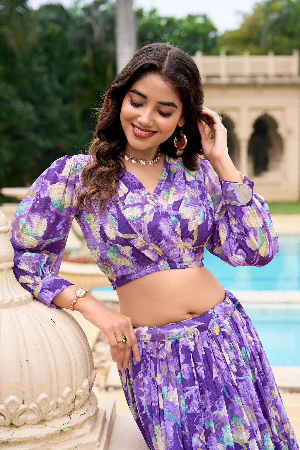 Purple Georgette Floral Printed Indo Western Set